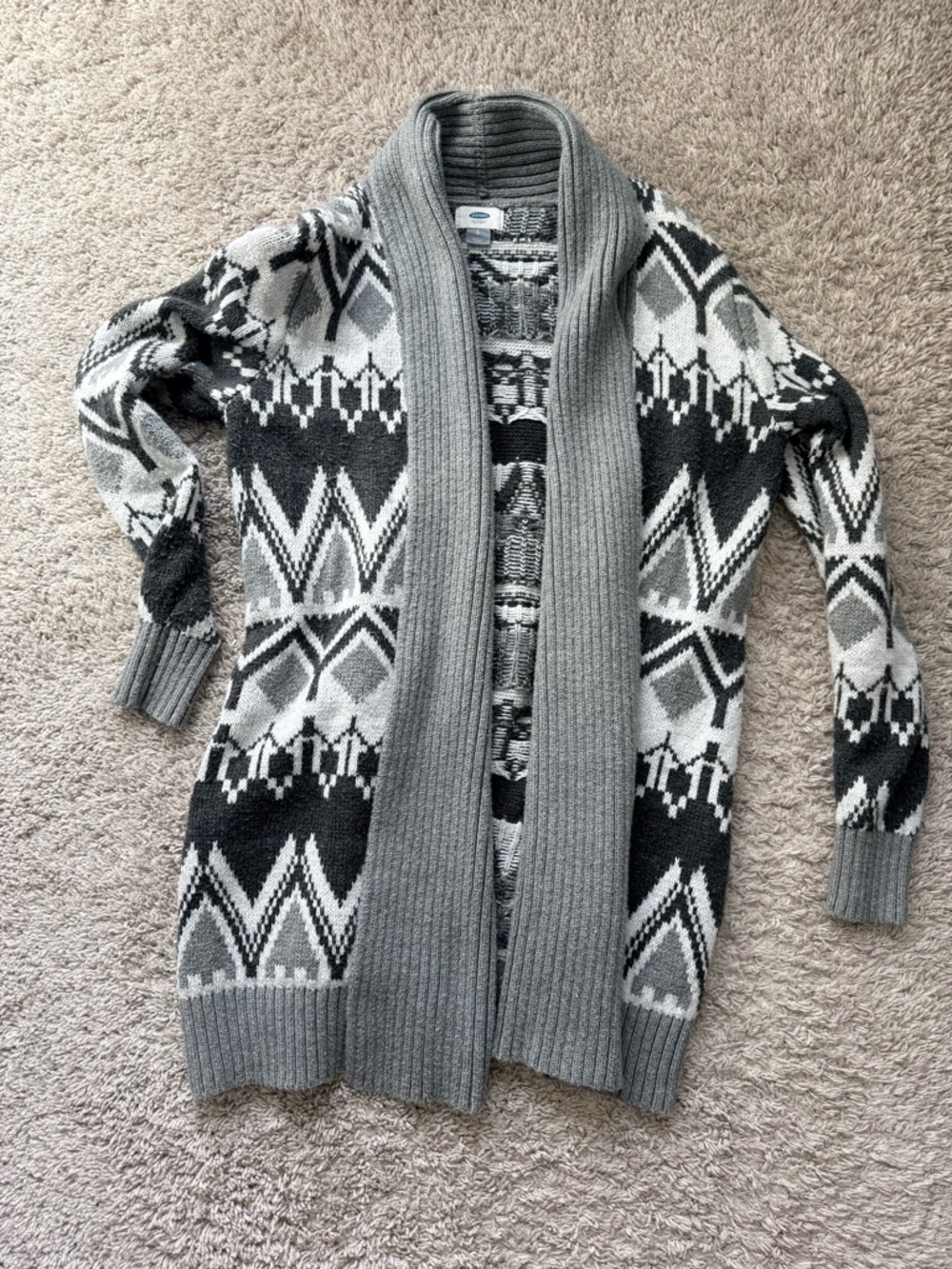 Old Navy Grey Black And White Fair Isle Open-Front Cardigan